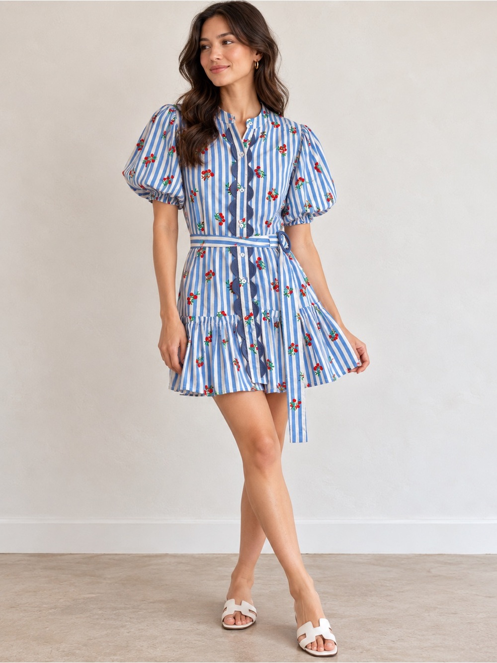 Paprika Blue Cherry Print Striped Mini Dress Sample Puff Sleeve Belted Button